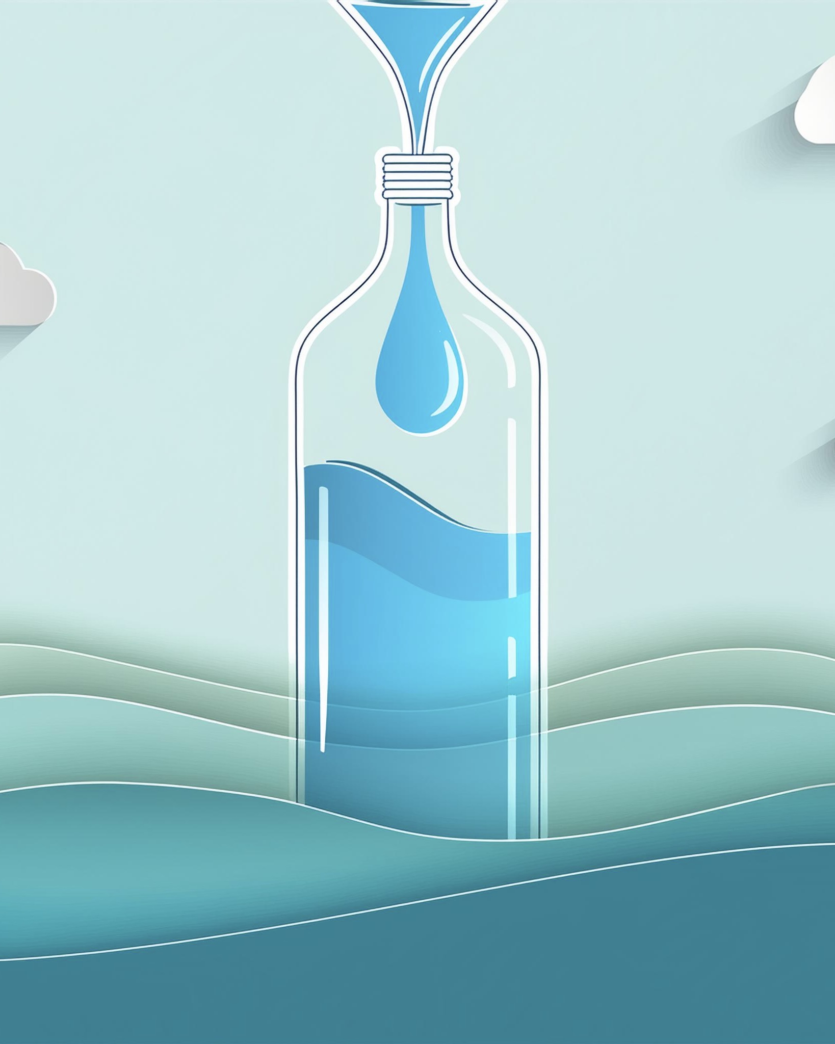 Firefly Single Continuous Line Drawing of large bottle being filled from a line of water from the to 2